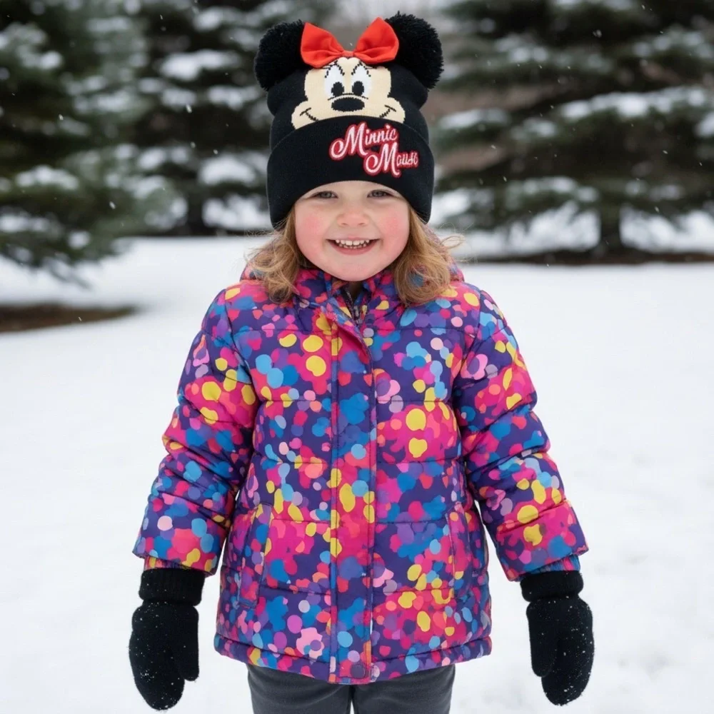 NWT Disney Minnie Mouse Kids Beanie Hat and Gloves Set Black 2-5T